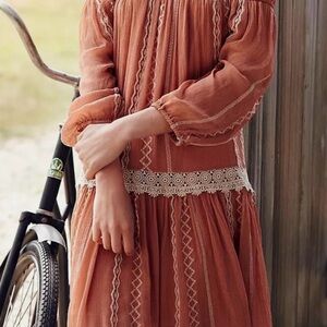 Floreat Boho Sweet Lace Peasant Embroidered  Dress Dusty Rose-Peach Gauze Large